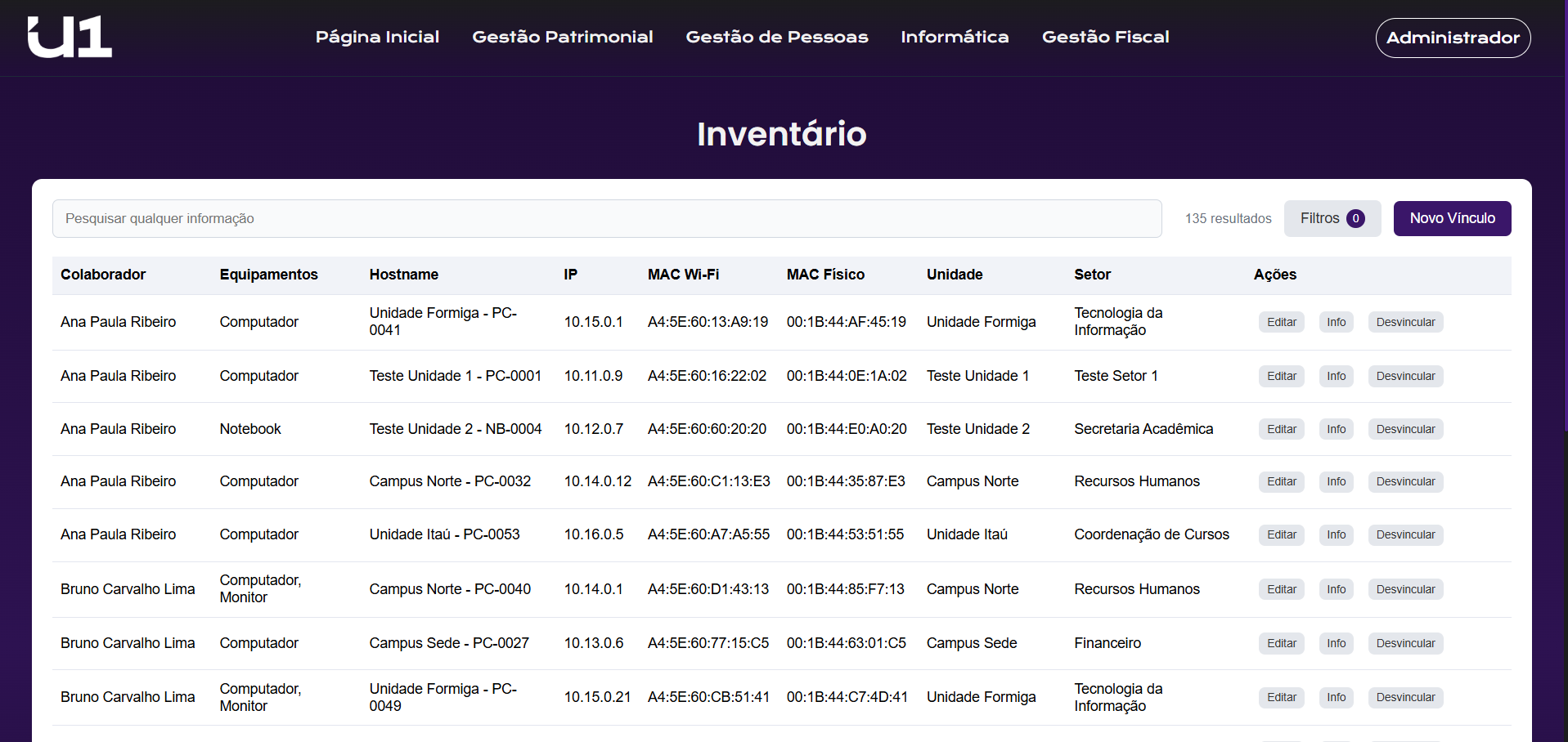 Univenty — inventário de equipamentos, IPs e MACs