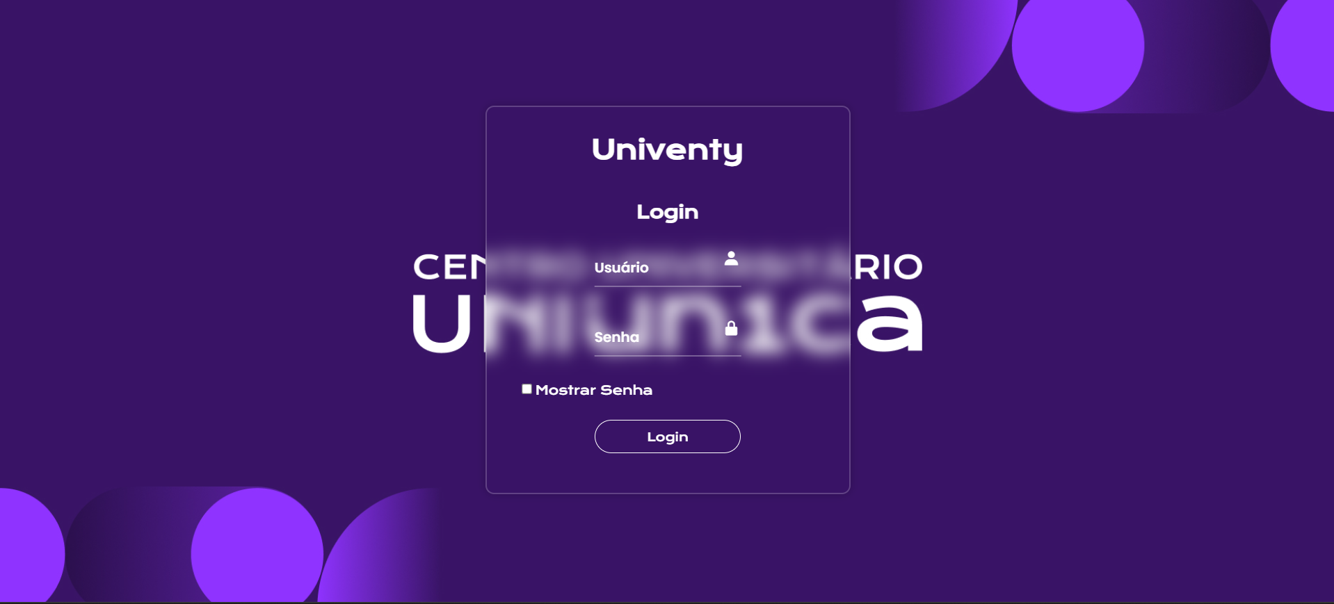 Univenty — tela de login