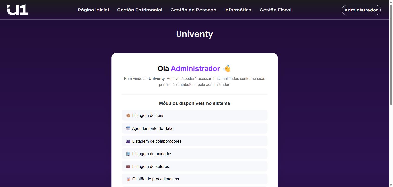 Univenty — página inicial com os módulos disponíveis